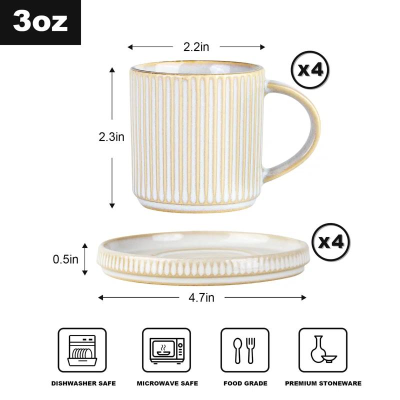shuoli Star Espresso Cups And Saucers Set Of 4, [ Mini ] 3 Oz Ceramic Small Coffee Mug With Handle, Ribbed Stoneware Demitasse Cup For Tea, Latte - Microwave & Dishwasher Safe - Cappuccino White