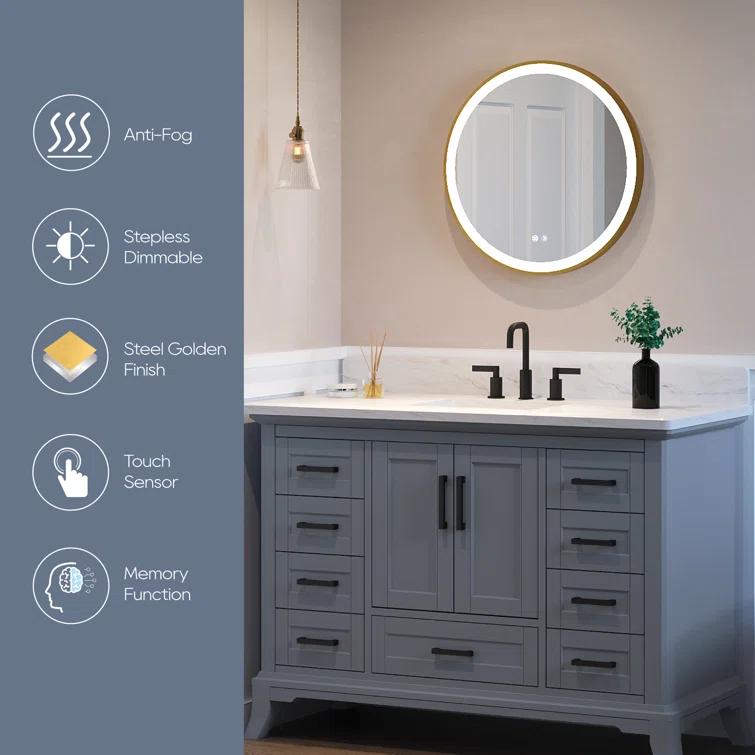 Deluxe Living Modern Round Illuminated Dimmable LED Anti Fog Makeup Bathroom Vanity Mirror