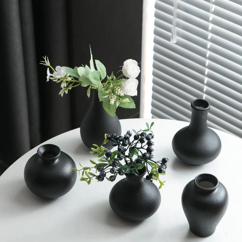 Ivy Bronx Small Black Vases, Ceramic Bud Vase Set Of 5, Mini Pottery Vases For Pampas Grass, Flowers, Decorative Vases (Set of 5)