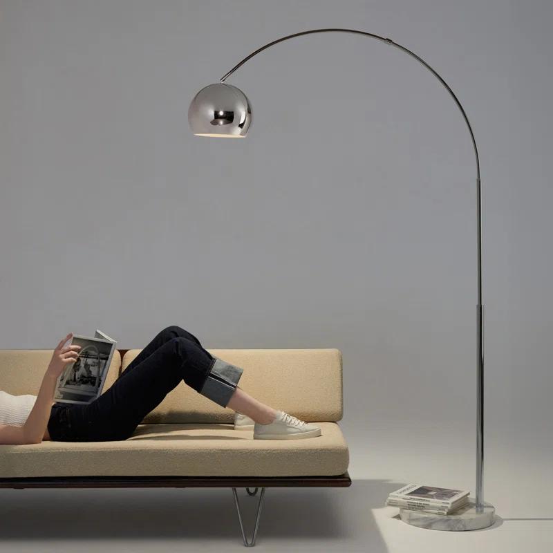 Brightech Olivia 75" Modern Industrial LED Arc Floor Lamp with Silver Chrome Finish, White Marble Base, and Metal Bowl Shade, Bulb Included