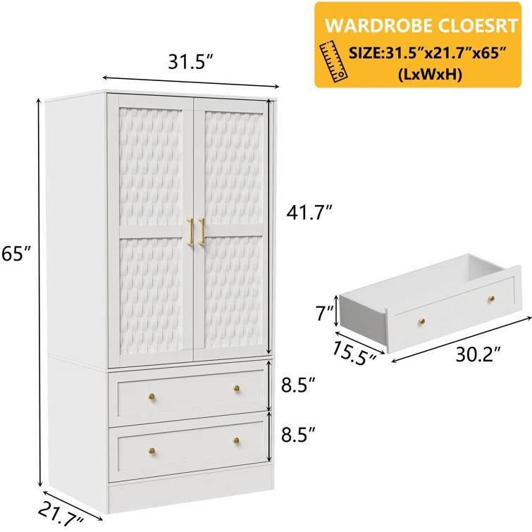Everly Quinn Freestanding Armoire Wardrobe Closet with 2 Woven Doors