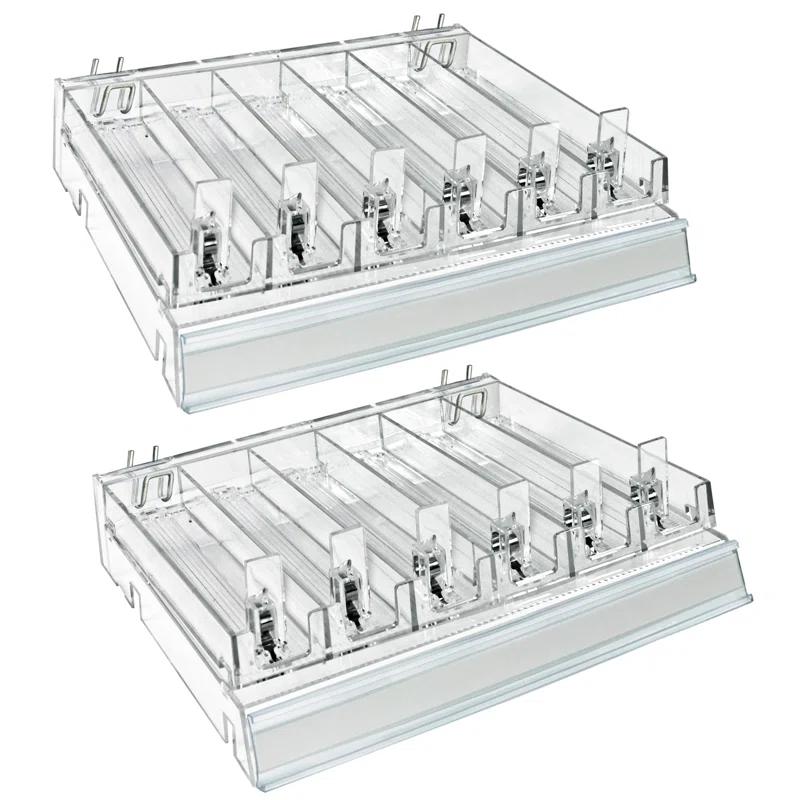 Azar Displays Clear 6 Compartment Divider Bin Cosmetic Tray with Pushers - 6 Slots per Tray, 2-Pack (Set of 2)