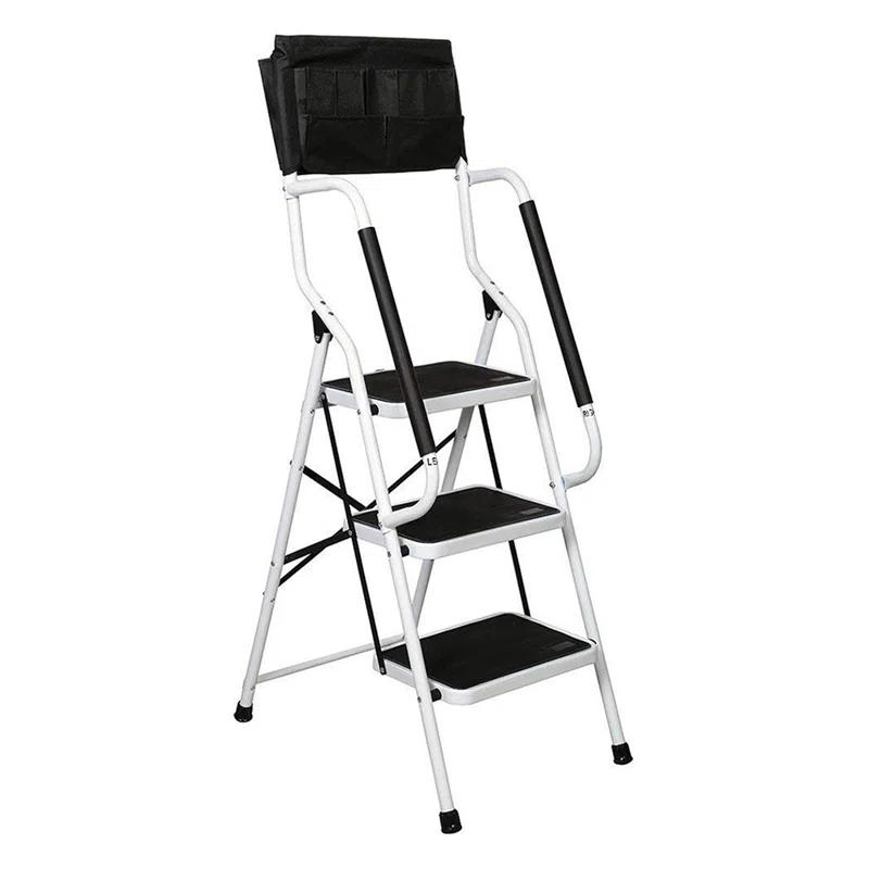 WFX Utility™ 3-Step Ladder With Handrails - 500 Lb Capacity Folding Stepladder With Wide Non-Slip Pedals, Safety Rails, And Tool Bag