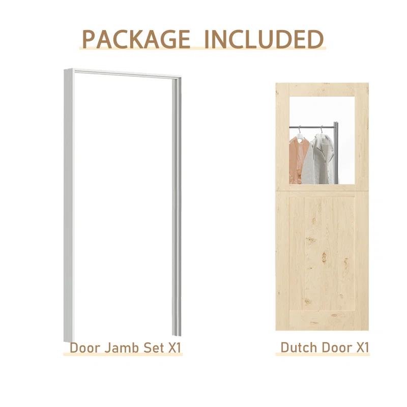 DOOOLI Dutch Door- Half Transpatent Glass+Natural Pine Wood Interior Door Prehung Slab Doors With Door Frame（No pre-drilled holes)