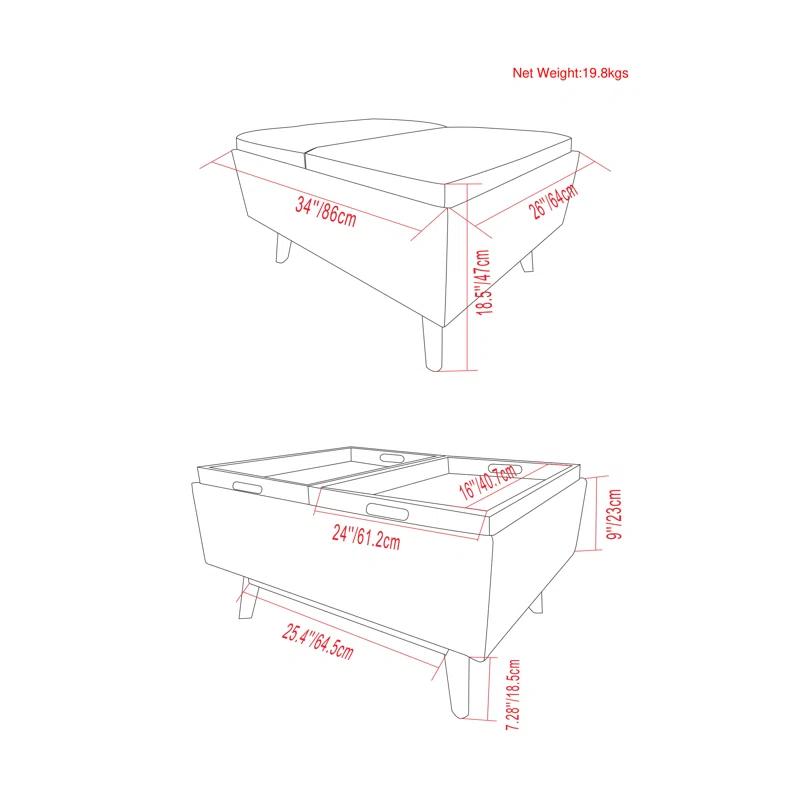 Simpli Home Owen 34"W Small Upholstered Coffee Table Storage Ottoman with Flip-Over Tray Top and Solid Wood Legs