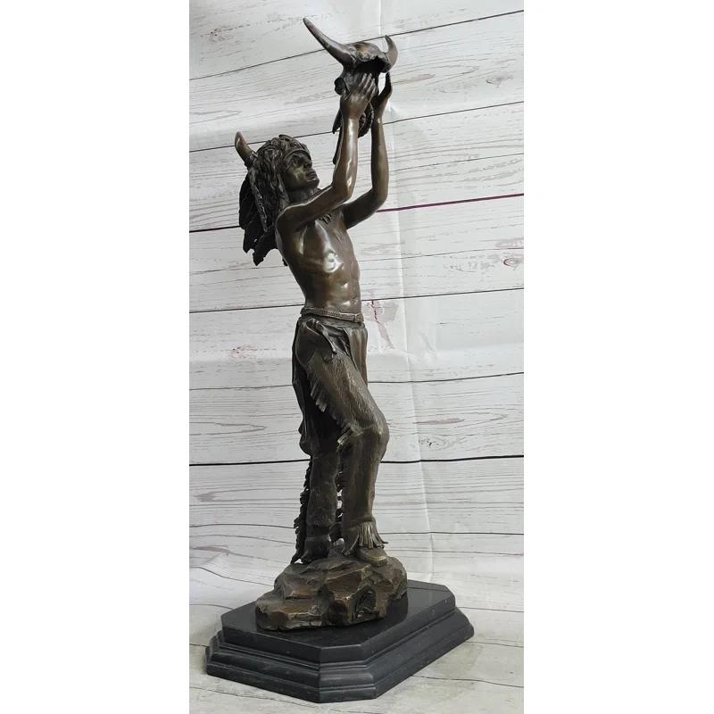 Canora Grey Taylee Native American Indian Shaman Medicine Man Holding Bison Skull Bronze Statue Sculpture 23" X 11"