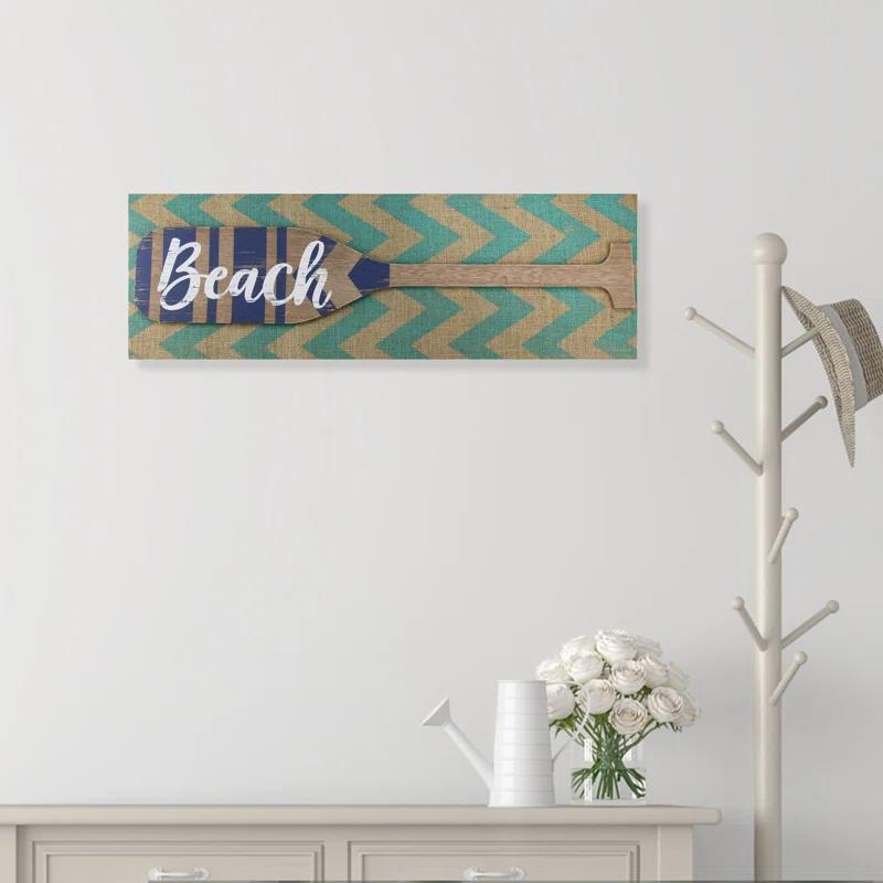 Northlight Seasonal Aqua Blue Chevron Burlap with “Beach" Wood Look Oar Linen Wall Art 24"
