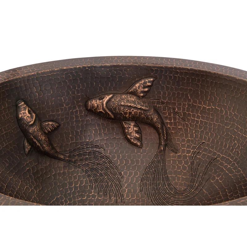 19" Oval Under Counter Hammered Copper Bathroom Sink with Koi Fish Design