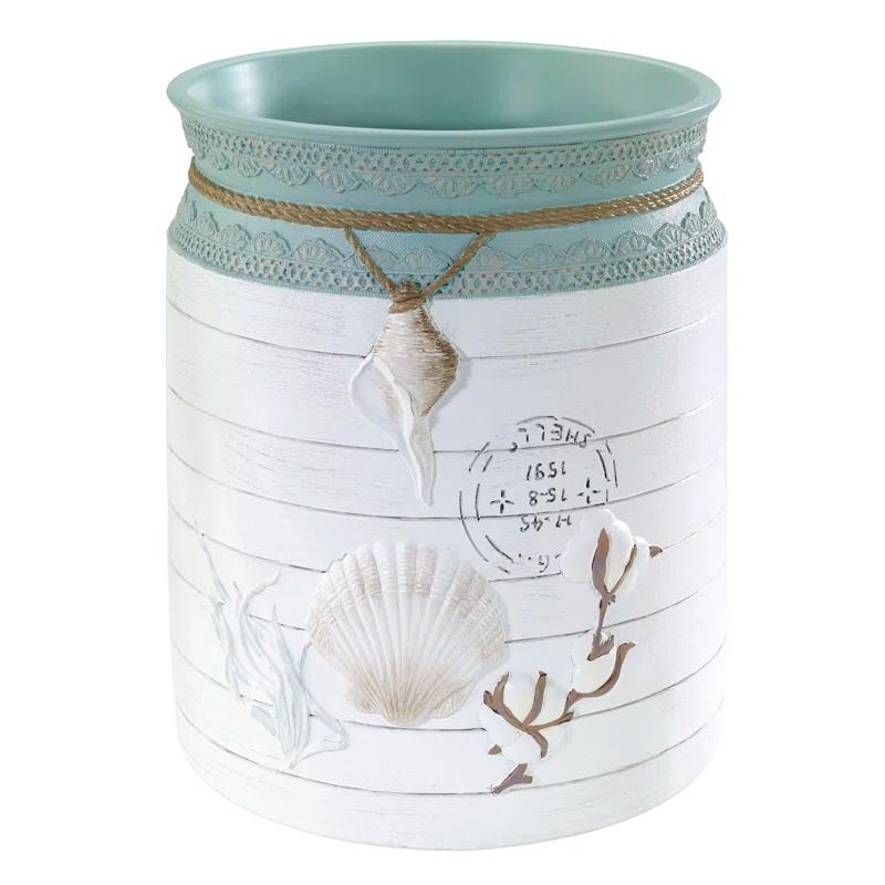 Nautical Blue and White Resin Wastebasket with Shell Design