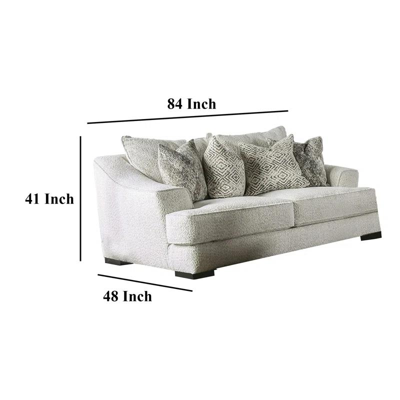Benjara Syma Loveseat, Ivory Boucle, 4 Throw Pillows, Track Arms, 84 Inch