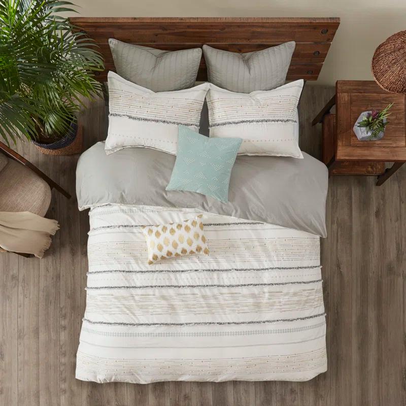 Nea Boho, Mid-Century 3 Piece Stripe Cotton Comforter Set With Tassels