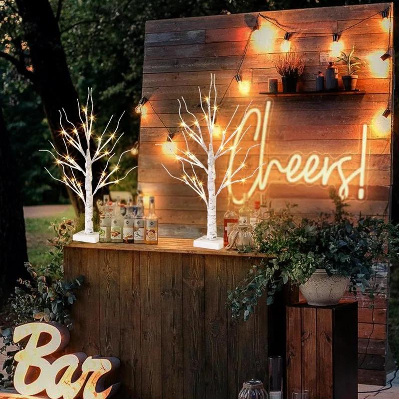 The Holiday Aisle® White Birch Tree With LED Lights - Set Of 2, LED Tabletop Tree With Timer, Christmas Decorations Lighted Tree For Indoor Mantel Home Decor (2 FT, 24 LED)