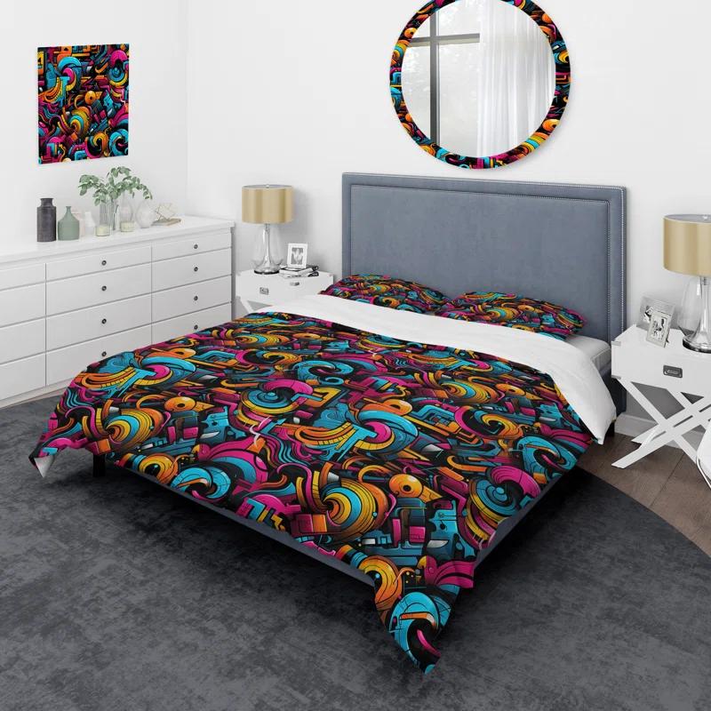 Popart Neon Graffiti Fusion - Geometric Duvet Cover Set - Microfiber Polyester