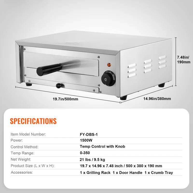 VEVOR Electric Pizza Oven 12-inch 1500W 122-662℉ Temp Range Removable Crumb Tray