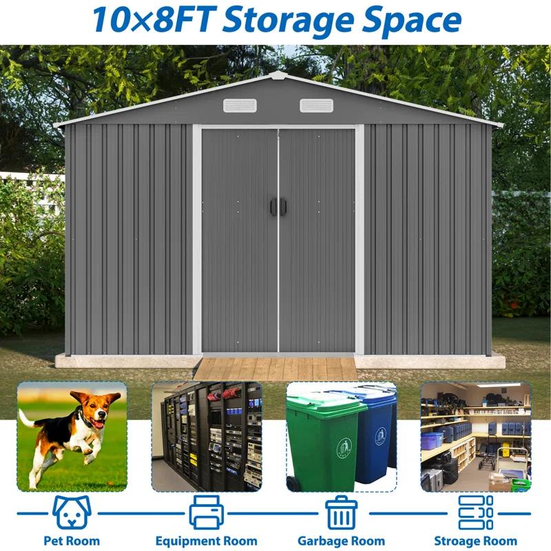 TYUNABRN 10X8 FT Outdoor Tool Storage Shed With Metal Foundation & Lockable Doors