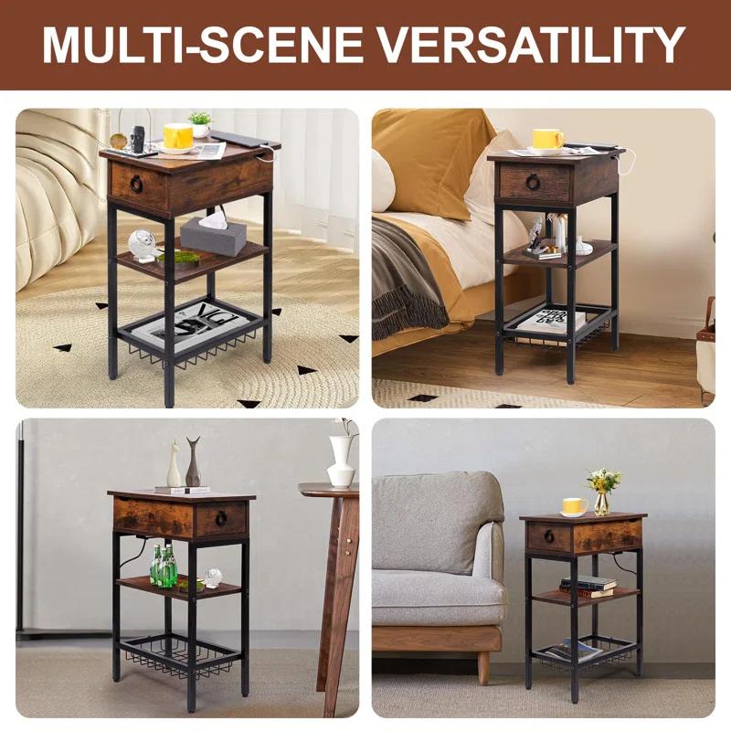 Hokku Designs Rustic Slim Side Table With USB Ports, Outlets & Charging Station For Living Room & Bedroom