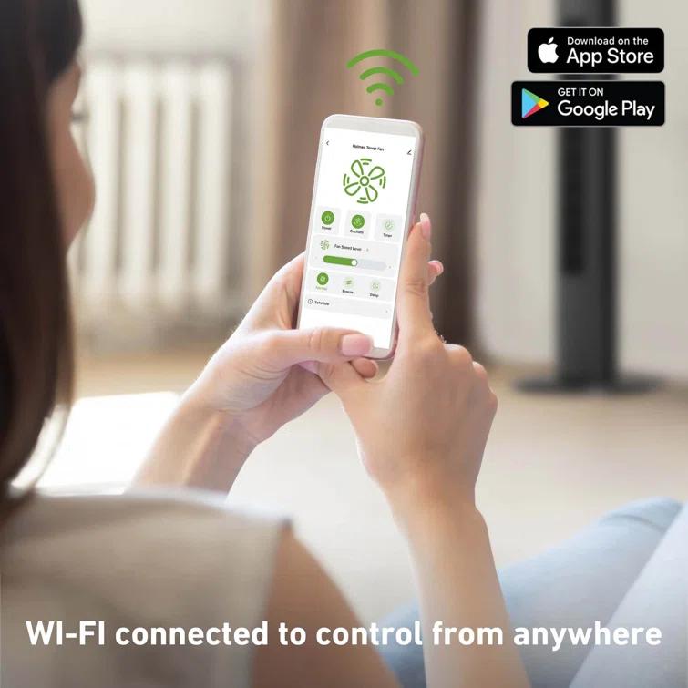 Holmes 36" SmartConnect Wi-Fi Oscillating Digital Tower Fan, 3 Speeds, Remote Control