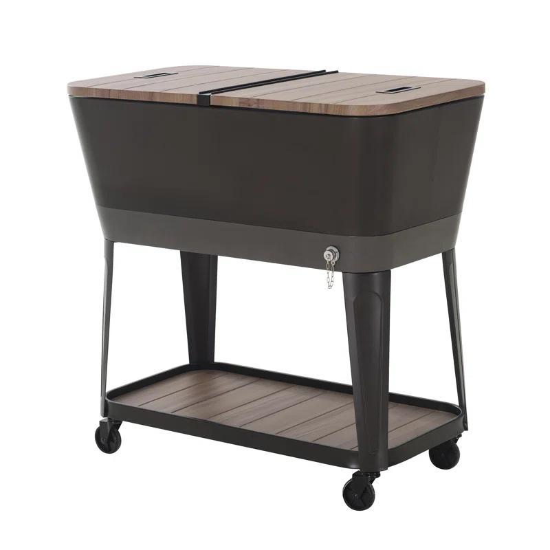 Sunjoy Durant 80-Quart Wood Grain Finish Metal Rolling Ice Chest Cooler Cart with Storage Shelf, Steel Bottle Opener, and Lockable Wheels