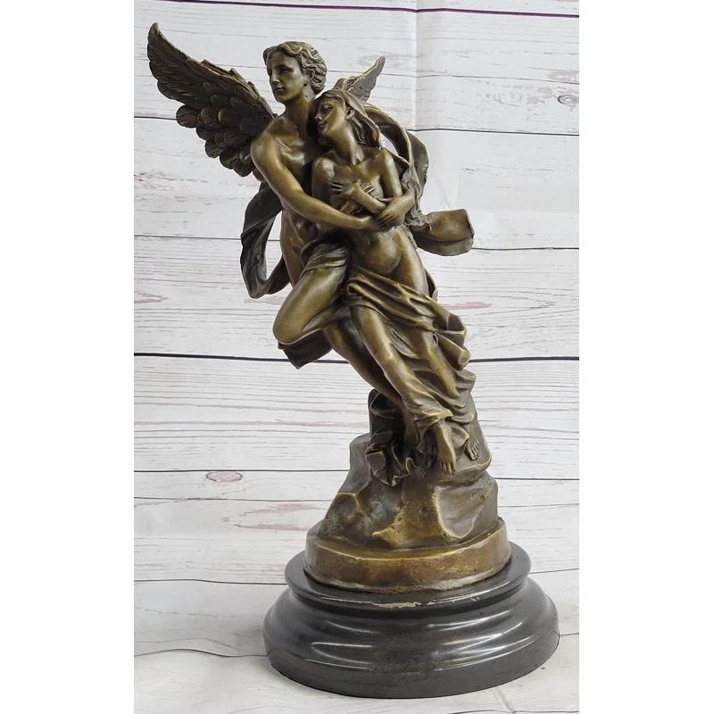 Bloomsbury Market Azal Eros  Psyche Romantic Lovers Angel Bronze Statue Sculpture Figure On Marble Base 13 Inches X 6 Inches