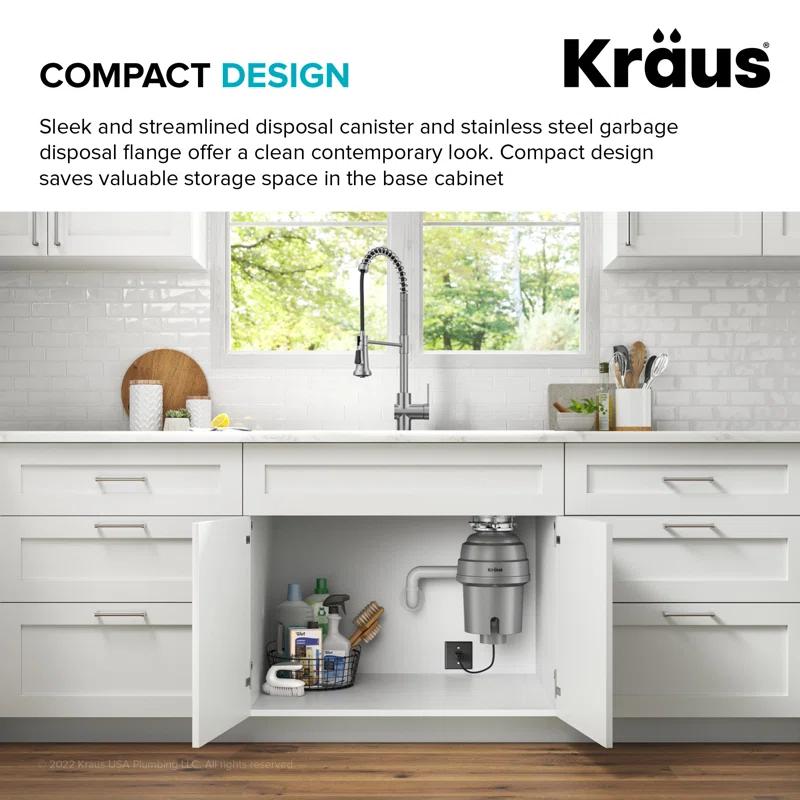 Kraus KRAUS Wasteguard High-Speed 1 HP Continuous Feed Ultra-Quiet Motor Garbage Disposal With Power Cord And Flange Included And Universal Mount, KWD200-100MGR