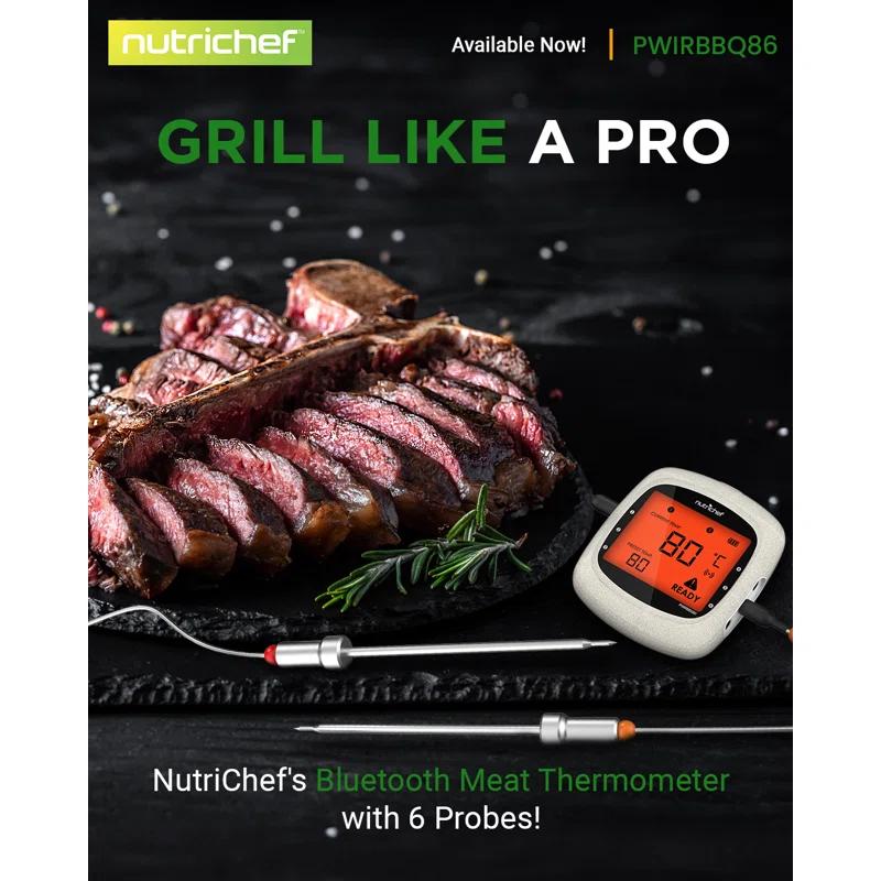 NutriChef Nutrichef Bluetooth Meat Thermometer For Grilling And Smoking With 6 Wireless Meat Probes, 6 Channels With Lcd Display
