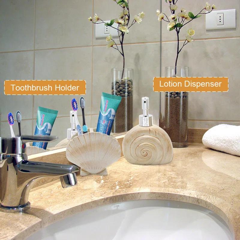 Rosecliff Heights Set, 5 PCS Beach Seashells Ensemble Set Includs Soap Dispenser, Soap Dish, Tumbler, Toothbrush Holder - Ivory Polyresin Set For Home, Office, Superior Hotel | Wayfair