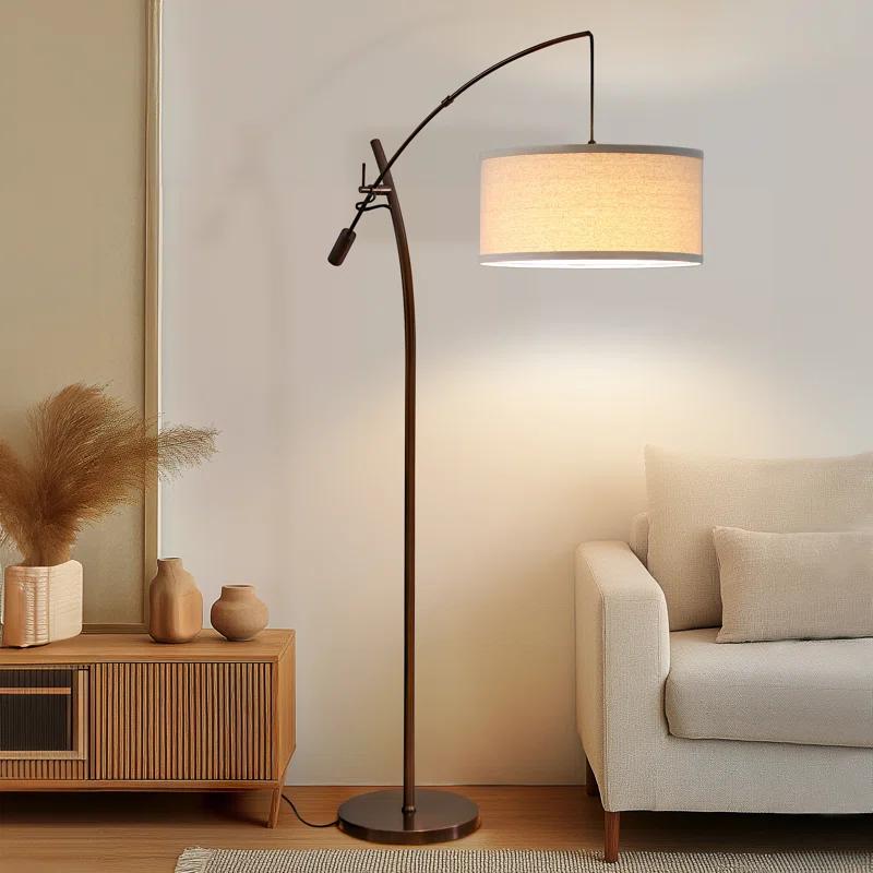 Brightech Grayson 84" Mid-Century Modern Height-Adjustable LED Arc Floor Lamp with Bronze Finish and Beige Cotton Fabric Drum Shade, Bulb Included
