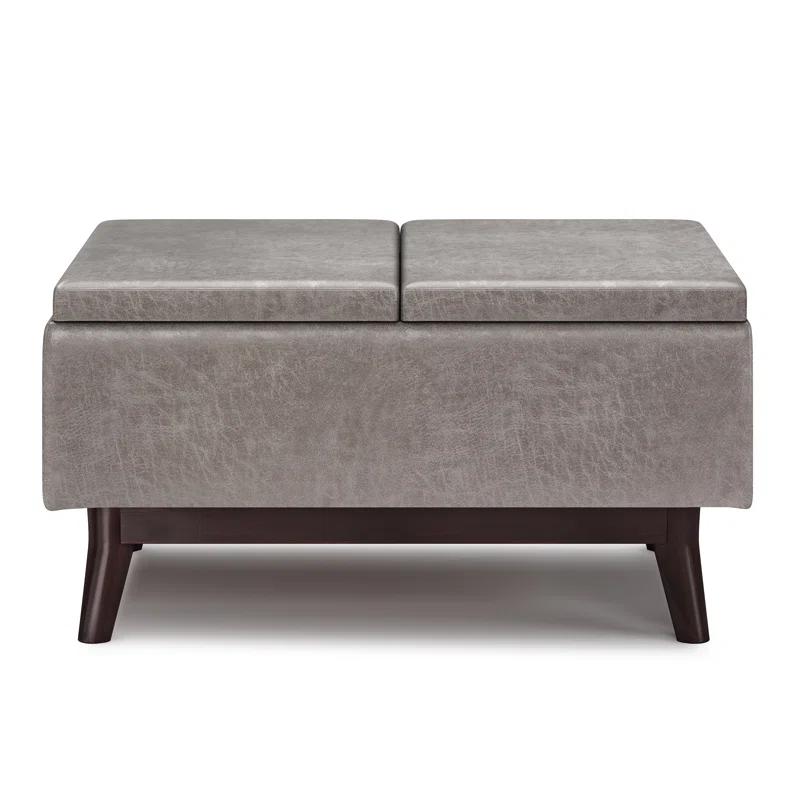 Simpli Home Owen 34"W Small Upholstered Coffee Table Storage Ottoman with Flip-Over Tray Top and Solid Wood Legs