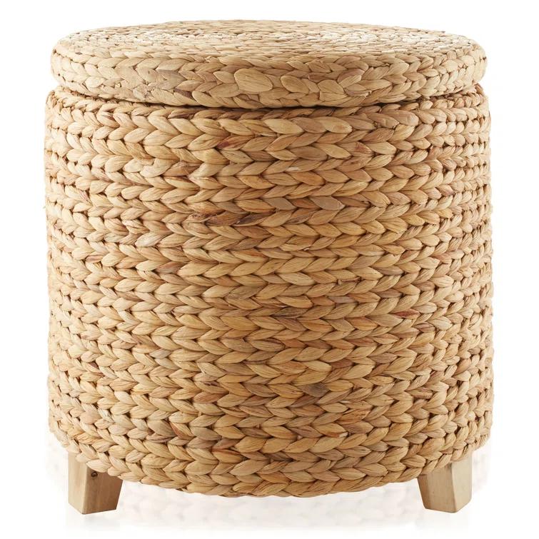 Casafield Casafield 17" Round Storage Ottoman with Lid, Water Hyacinth Footrest