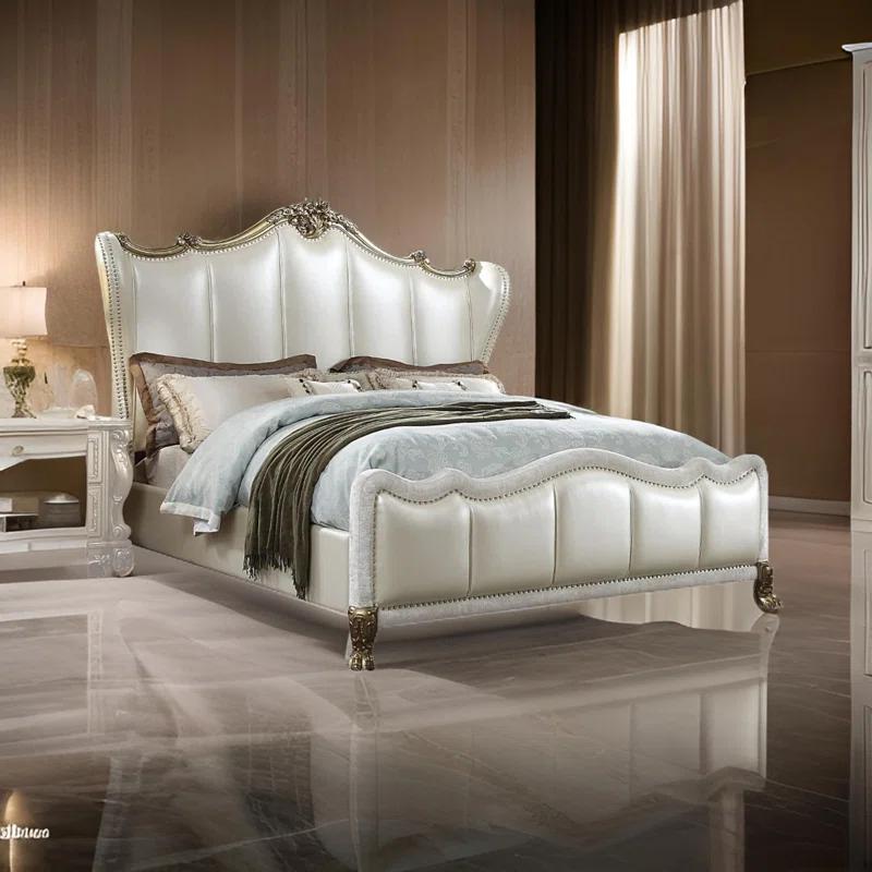 Benjara Ally Bed, White Faux Leather Victorian Carved, White And Silver