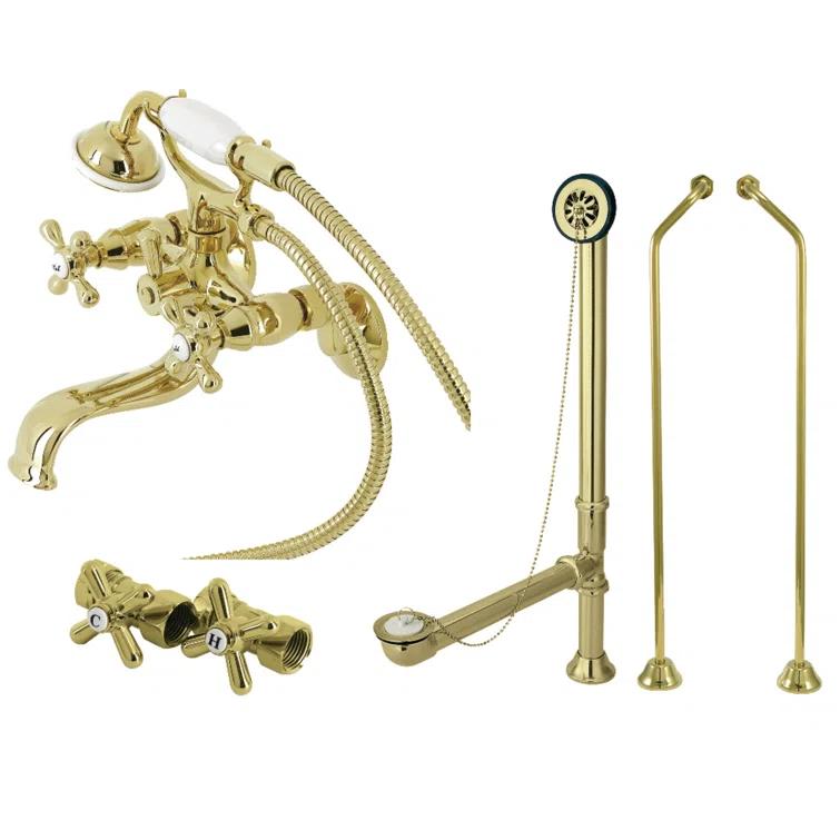 Kingston Brass Kingston Brass Vintage Three-Handle 2-Hole Tub Wall Mount Clawfoot Tub Faucet Package with Supply Line, Hand Shower and Tub Drain CCK225PBD