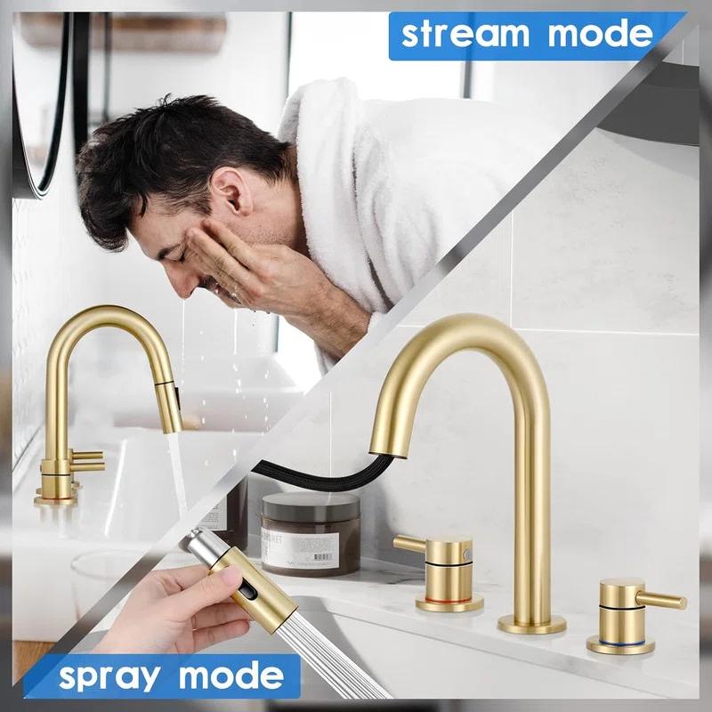Bathroom Faucets for Sink 3 Hole, 8 inch Widespread Bathroom Faucet with Pull Out Sprayer