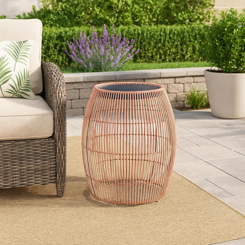 Bay Isle Home™ Bamboo Drum Side Table with Black Iron Top – Weather-Resistant Open Weave Accent Table