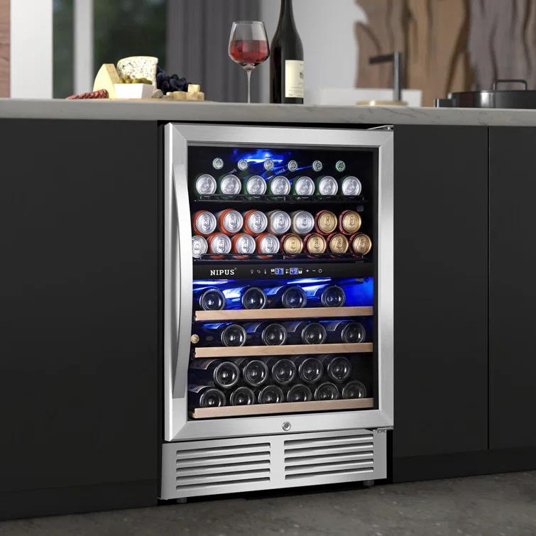 Nipus 24 Inch 94 Can and 27 Bottle Dual Zone Wine & Beverage Refrigerator Freestanding Built-in Beer and Drink Cooler with Glass Door For Kitchen, Bar or Office Classic Series