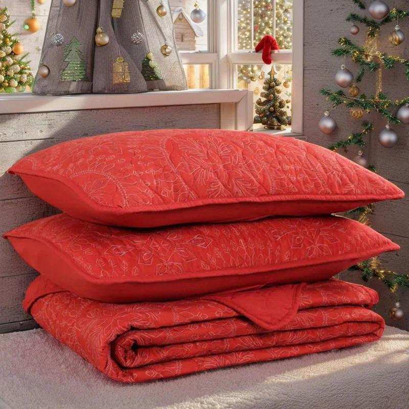 MarCielo 3 Pcs Festive Christmas Quilt Bedspread Set Holiday Bedding Medallion Red