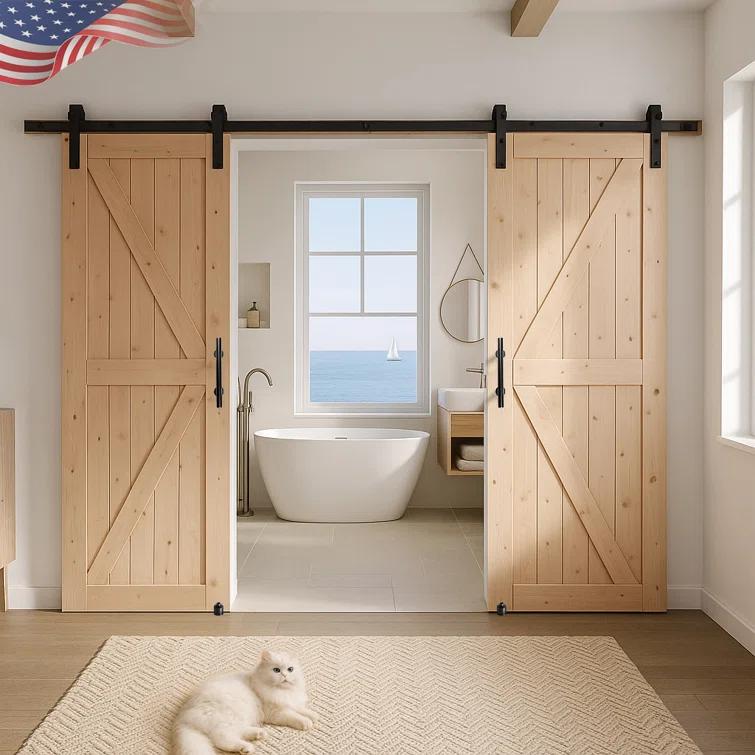 S&Z TOPHAND S&Z TOPHAND Unfinished British Brace Knotty Barn Door with Sliding Door Hardware Kit/Solid Wood/Sliding Door/Double Surfaces/A Simple Assembly is Required