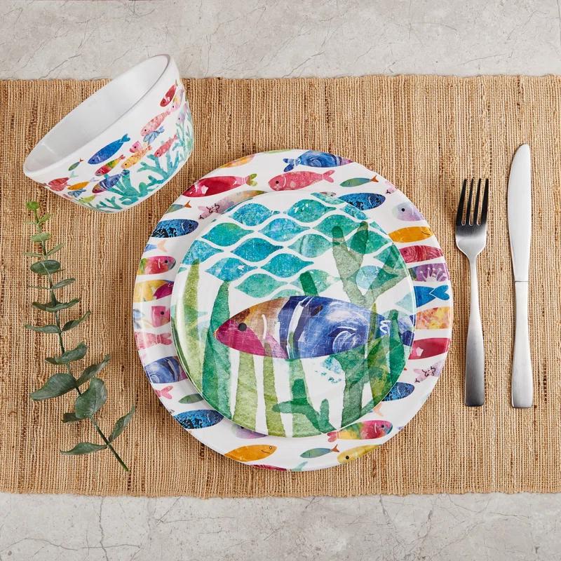 Fitz and Floyd Fitz and Floyd One Fish Two Fish 12-Piece Indoor/Outdoor Melamine Dinnerware Set, Service for 4