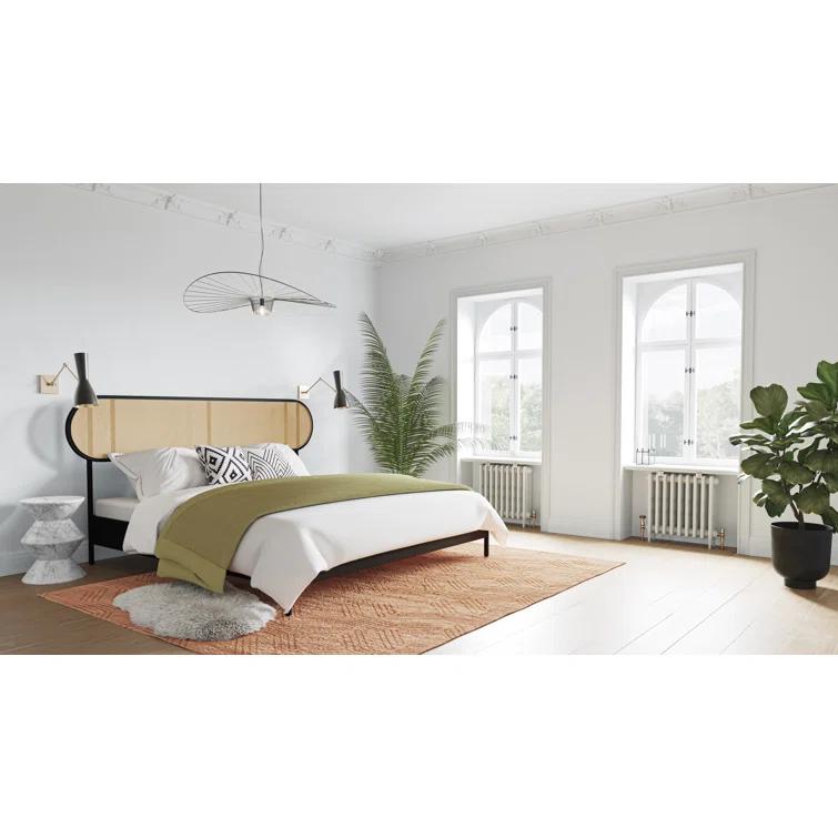 King Black Pine Wood Frame Bed with Rattan Headboard