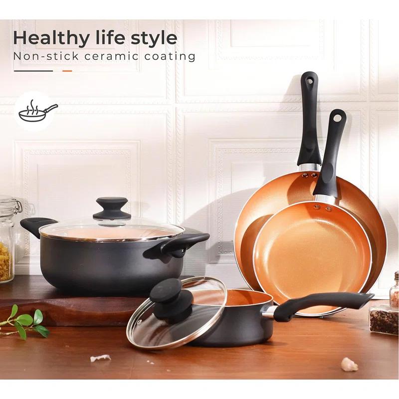 COEN 6-Piece Ceramic Nonstick Cookware Set - Aluminum Soup Pot, Sauce Pan, and Frying Pans with Lid