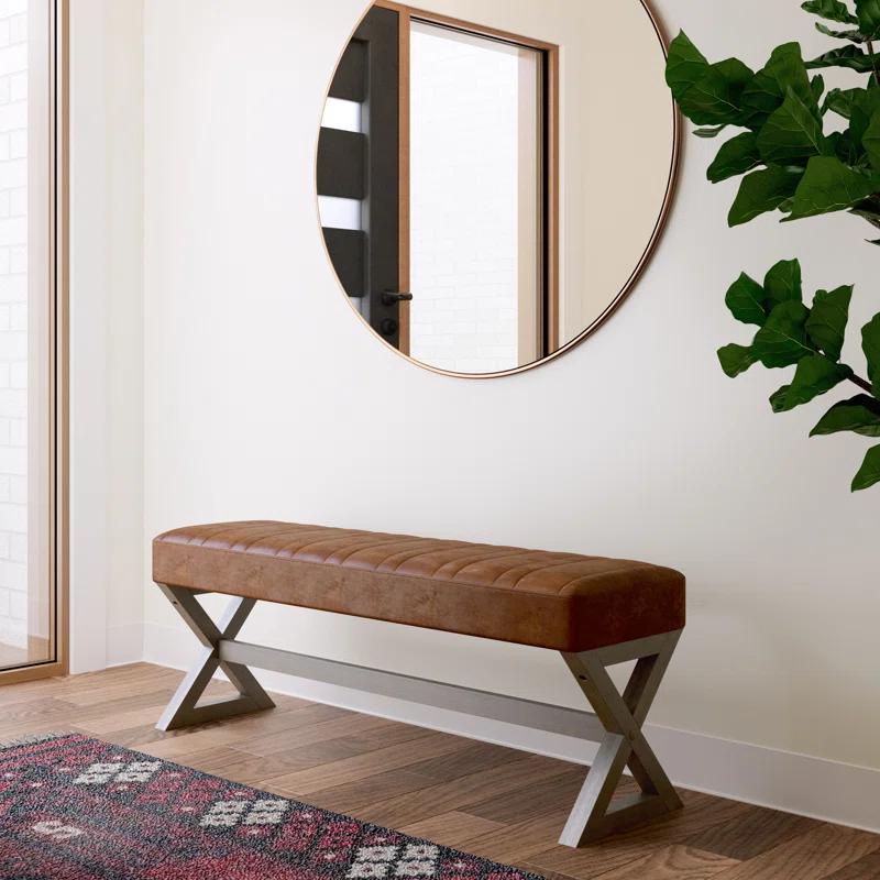 Simpli Home Salinger 48"W Large Ottoman Bench in Distressed Vegan Leather with Solid Wood Frame