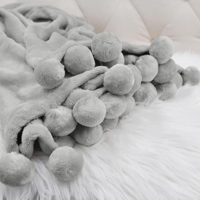 Home Soft Things Flannel Fleece Pom Pom Blanket