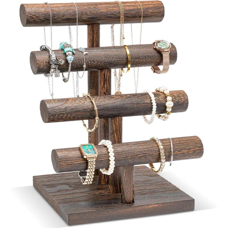 Gracie Oaks Bracelet Holder Display Bracelet Organizer, Wooden Bracelet Stand For Selling, T-Bar Bangle Storage Rack Wood Watch Display Tower For Business - 4 Tier, Brown | Wayfair
