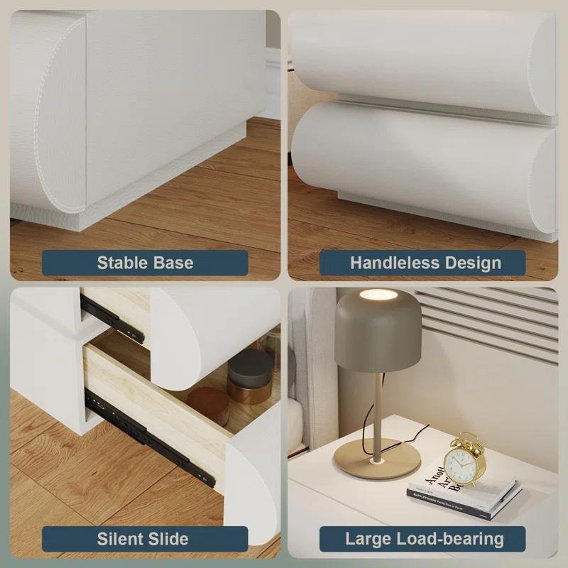 Wrought Studio™ Hasya White Nightstand with 2 Solid Wood Drawers, Leather Bedside Table for Bedroom, No Assembly Required