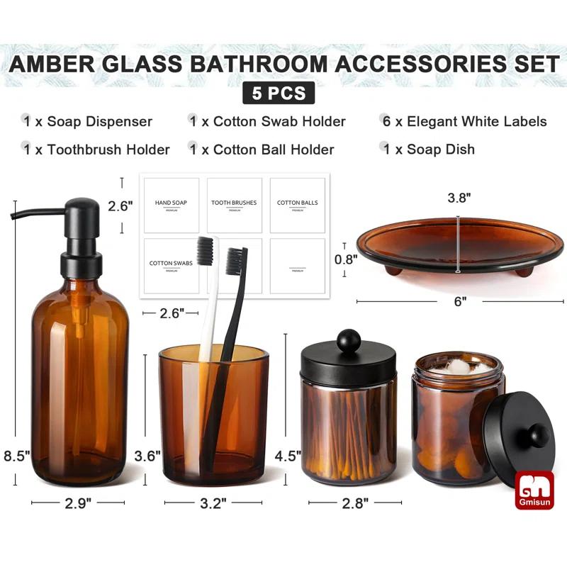 GMISUN Bathroom Accessories Set, 5 Pack Amber Glass Bath Accessory Sets Complete, Brown Soap Dispenser and Toothbrush Holder Bathroom Counter Sink Set with Labels, Rustic Modern Vintage Bathroom Decor