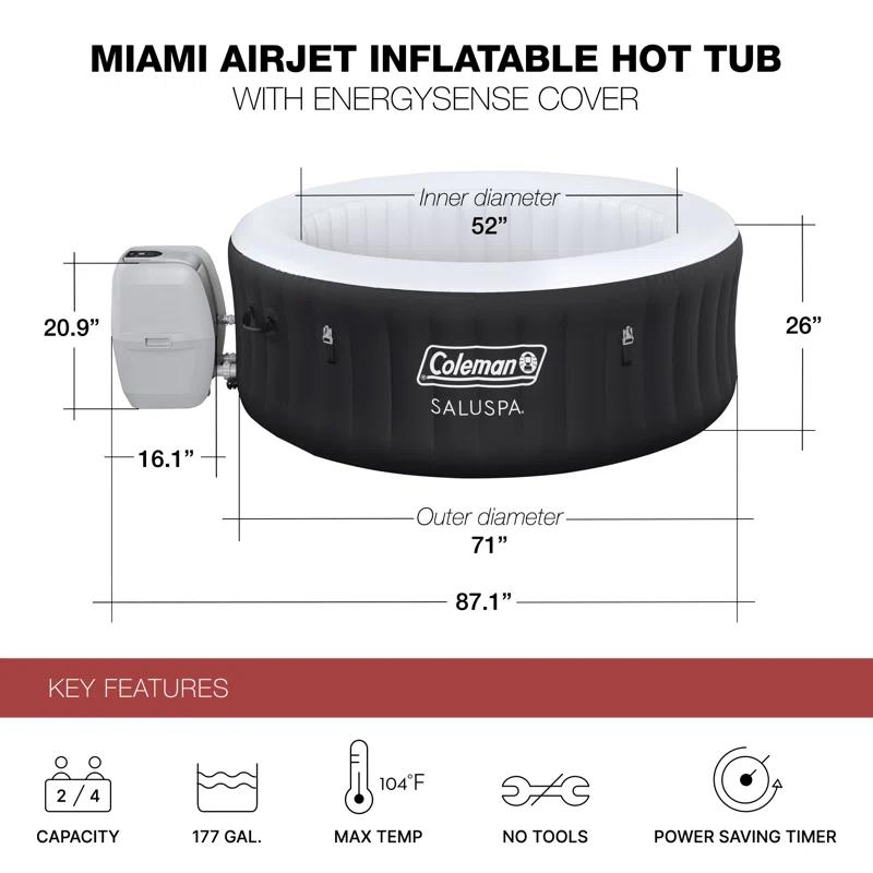 Bestway Coleman Miami AirJet Square Inflatable Hot Tub with EnergySense Cover, Black