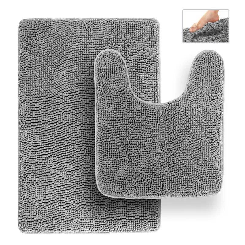 Latitude Run® Bathroom Rugs, Extra-Thick Memory Foam Bath Mat, Ultra-Soft Chenille Microfiber, Highly Absorbent, Machine Washable, Shaggy Bath Mats For Bathroom, Circular Cutout (21X32 + 20X22, 2Pcs) Grey