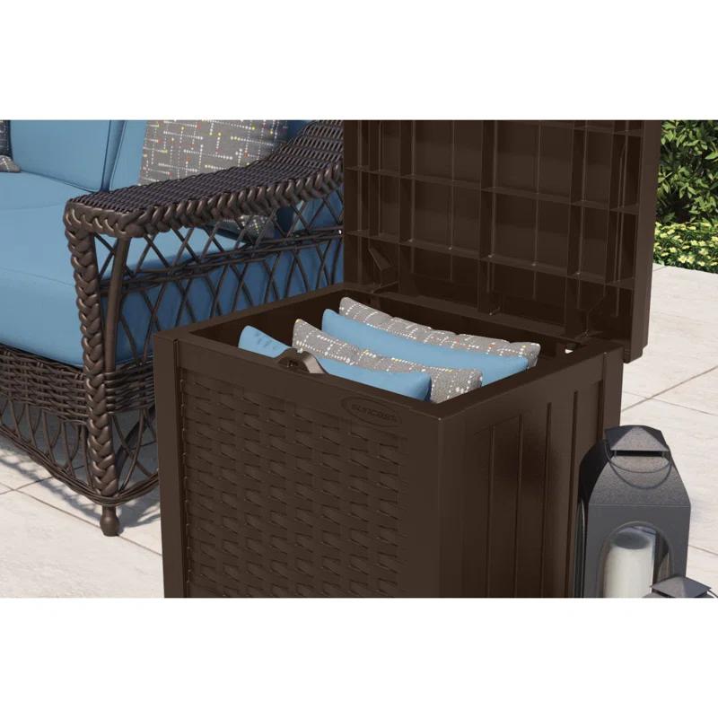 Suncast Suncast Wicker 22 Gallon Water Resistant Resin Deck Box with Storage Seat in Java