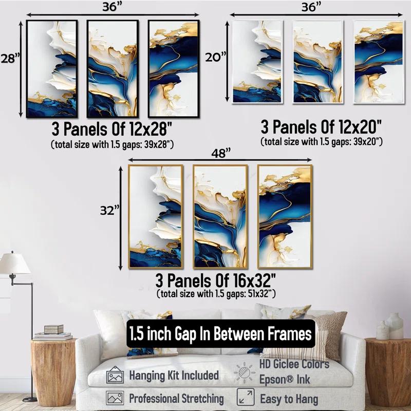 Design Art Abstract Geode Gold And Blue Marble Shape III - modern 3 Piece Print on Canvas