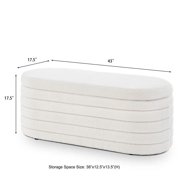Modern Oval Storage Ottoman Bench, Upholstered Boucle Teddy Fabric End Of Bed Bench With Storage, End Of Bed Stool With Safety Hinge For Bedroom, Living Room, Entryway