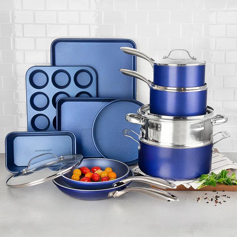 Granitestone Blue 20 Piece Aluminum Non Stick Cookware & Bakeware Set with Ultra Nonstick Surface, Oven & Dishwasher Safe